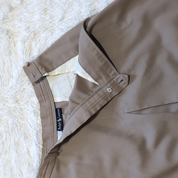 90s Ralph Lauren 100% Wool Tan Inverted Pleat Pocket Midi Skirt - Picture 3 of 11